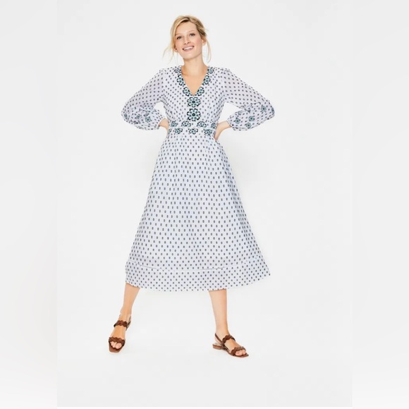 Boden Dresses & Skirts - NWT Boden Flossie White Blue Floral Embroidered 100% Cotton Midi Dress Size 10